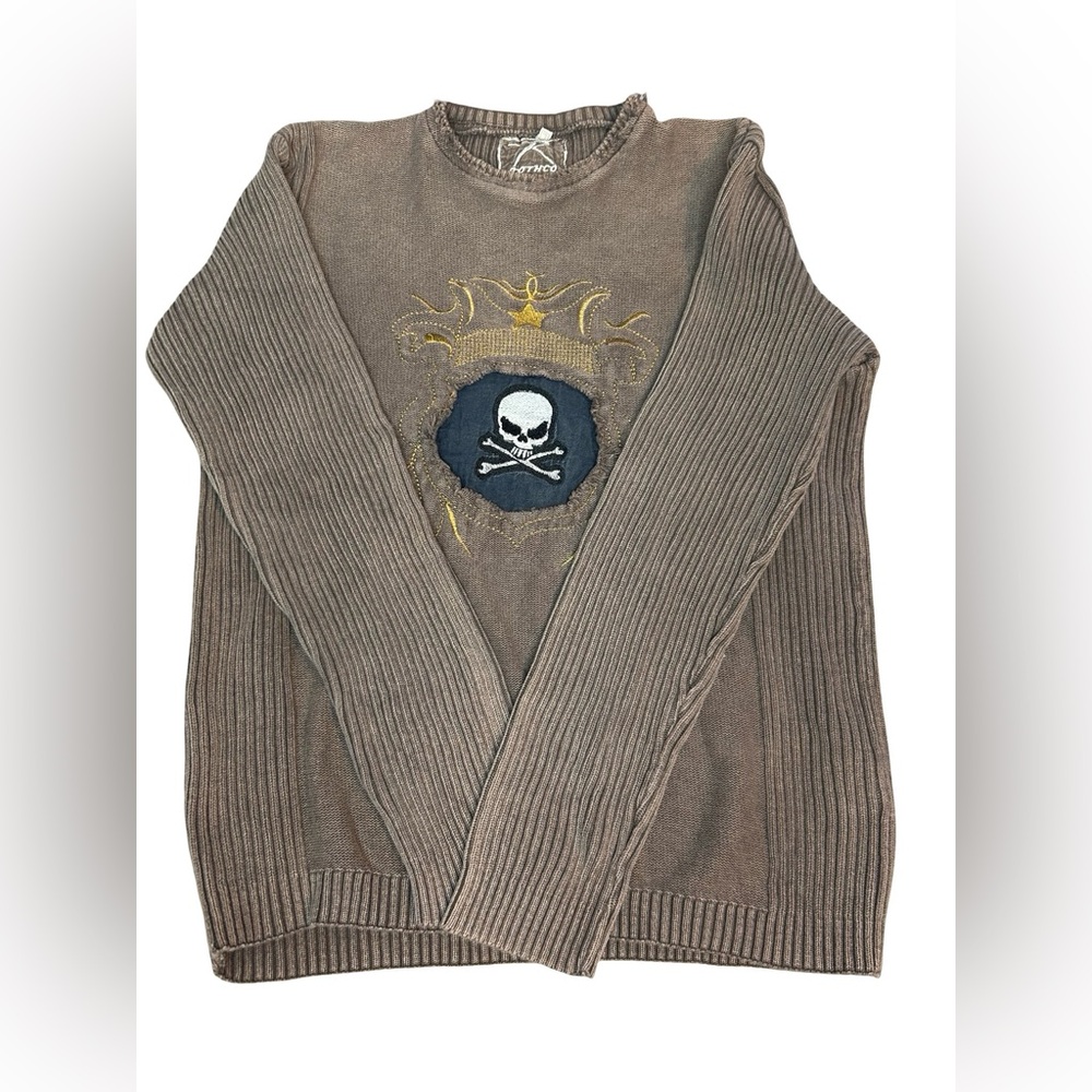 Rothco Vintage Skull Embroidered Sweater Size L | Y2K Biker Ribbed Knit Pullover